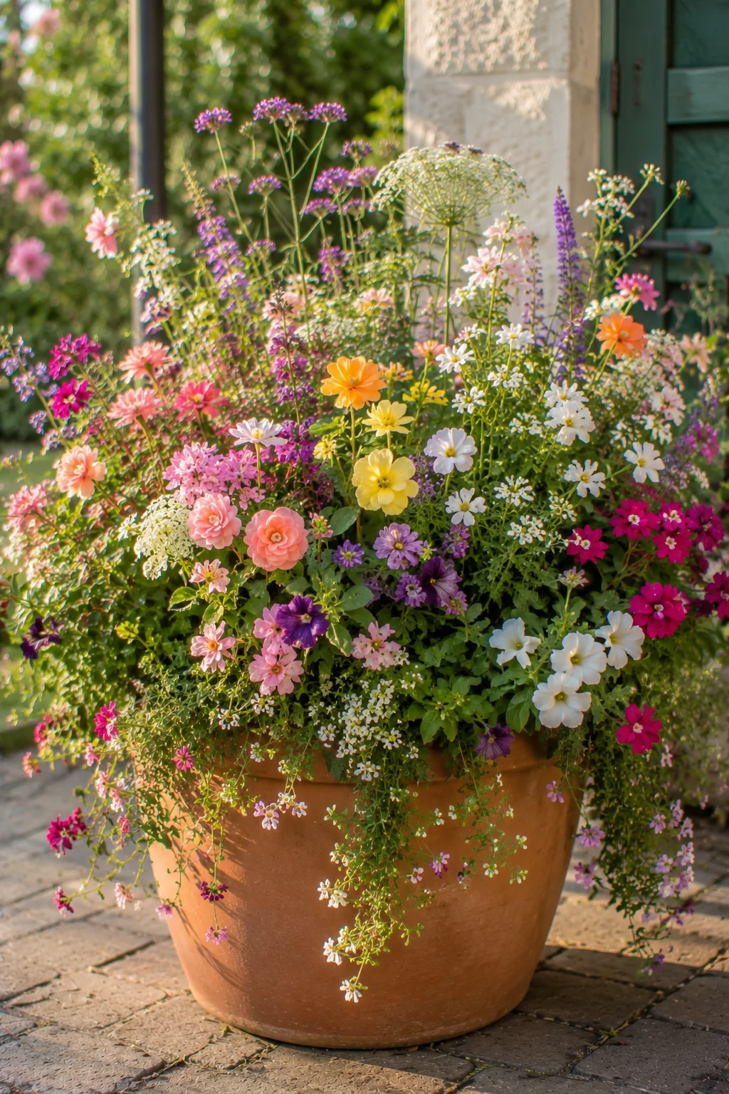 cottage style overflowing container garden idea