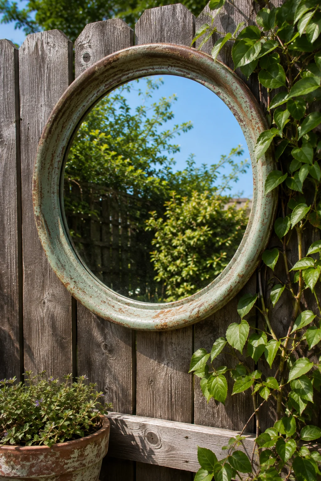 Vintage mirror mounted on a fence reflecting garden greenery