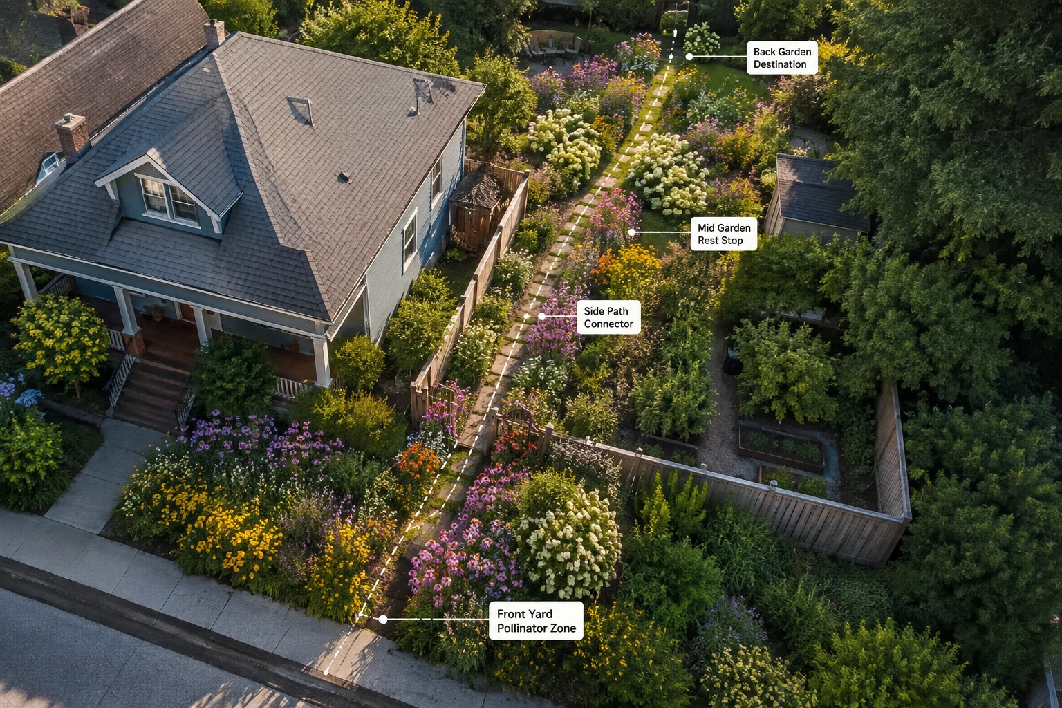 pollinator corridor suburban garden aerial view connected planting front back side path flowering habitat