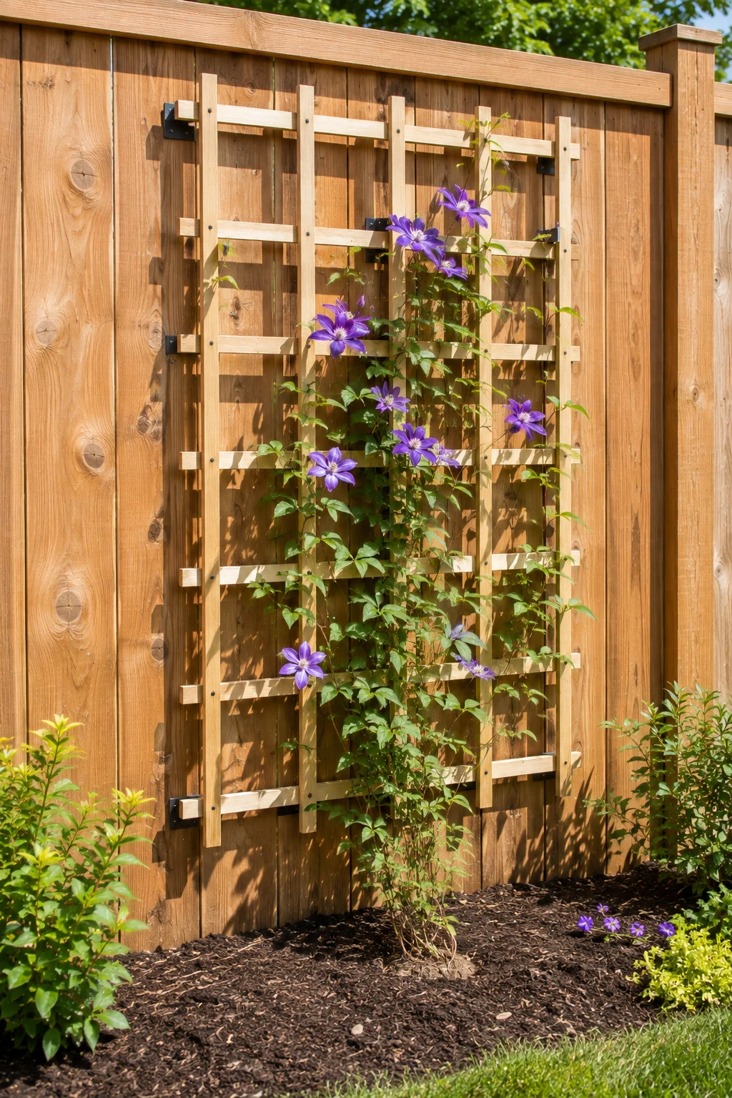 Wooden trellis with climbing clematis vine mounted on a backyard fence
