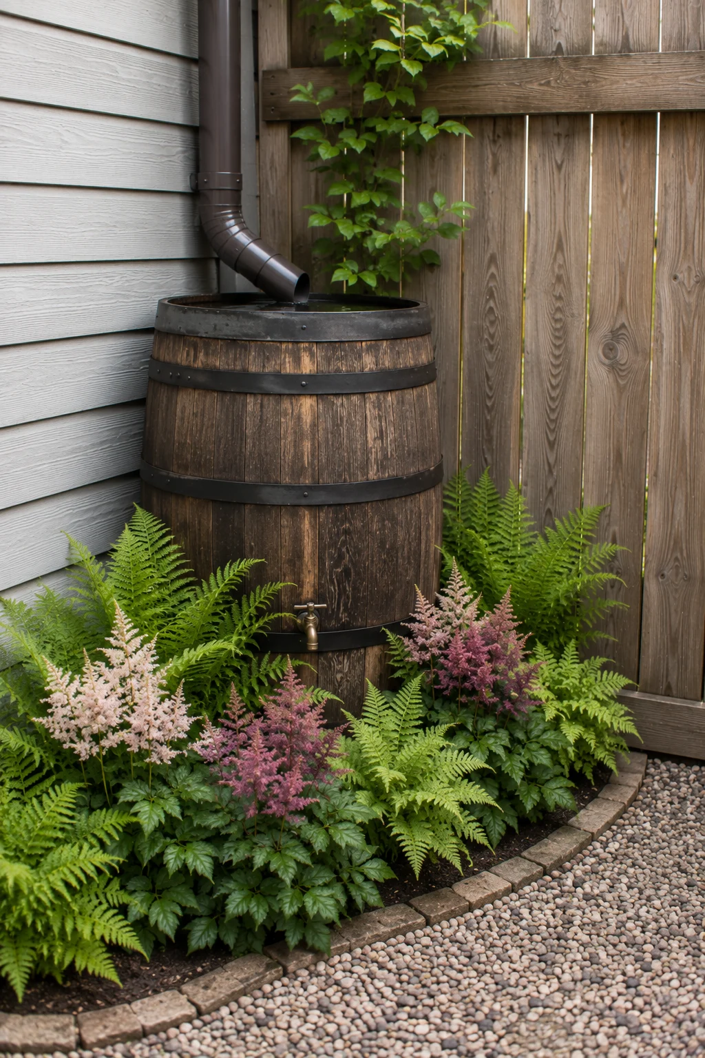 Rain barrel with surrounding planting in an awkward garden corner
