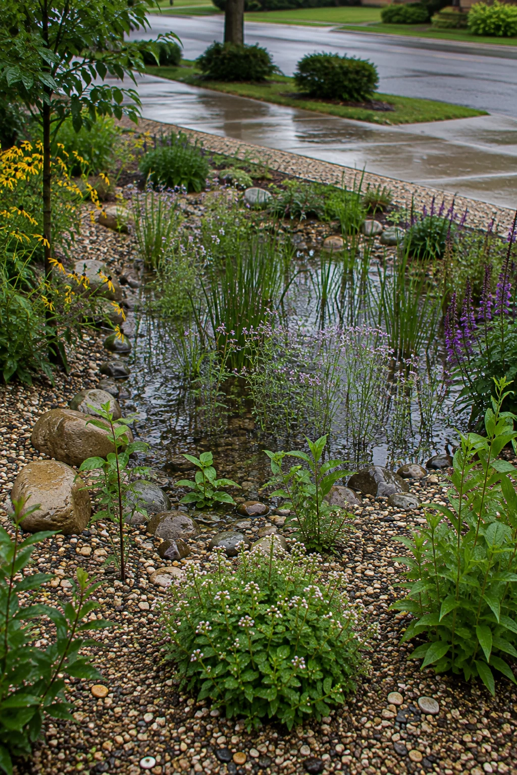 rain garden gravel mulch base idea