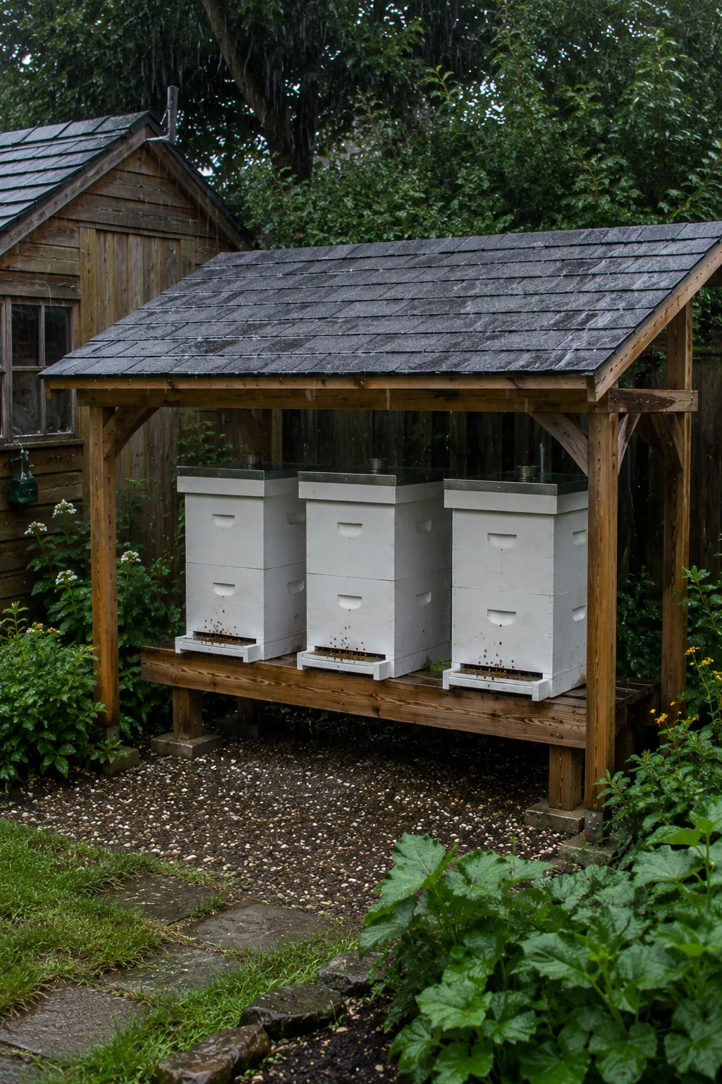 Rain roof structure built over a row of backyard beehives