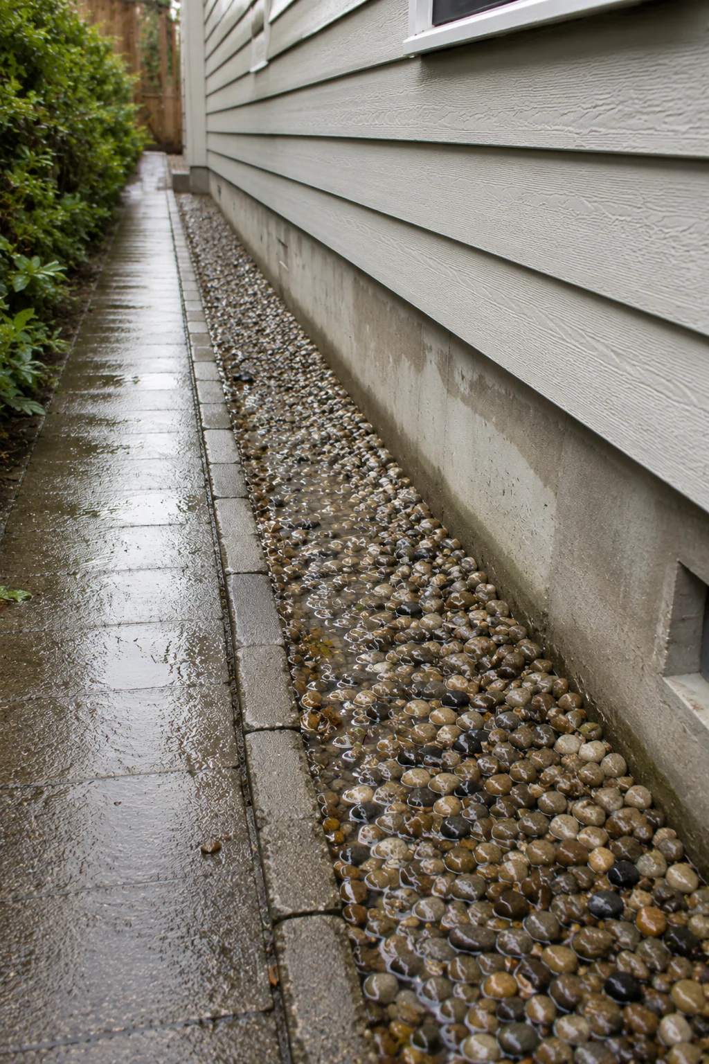 Hidden drainage channel under gravel in a narrow side yard