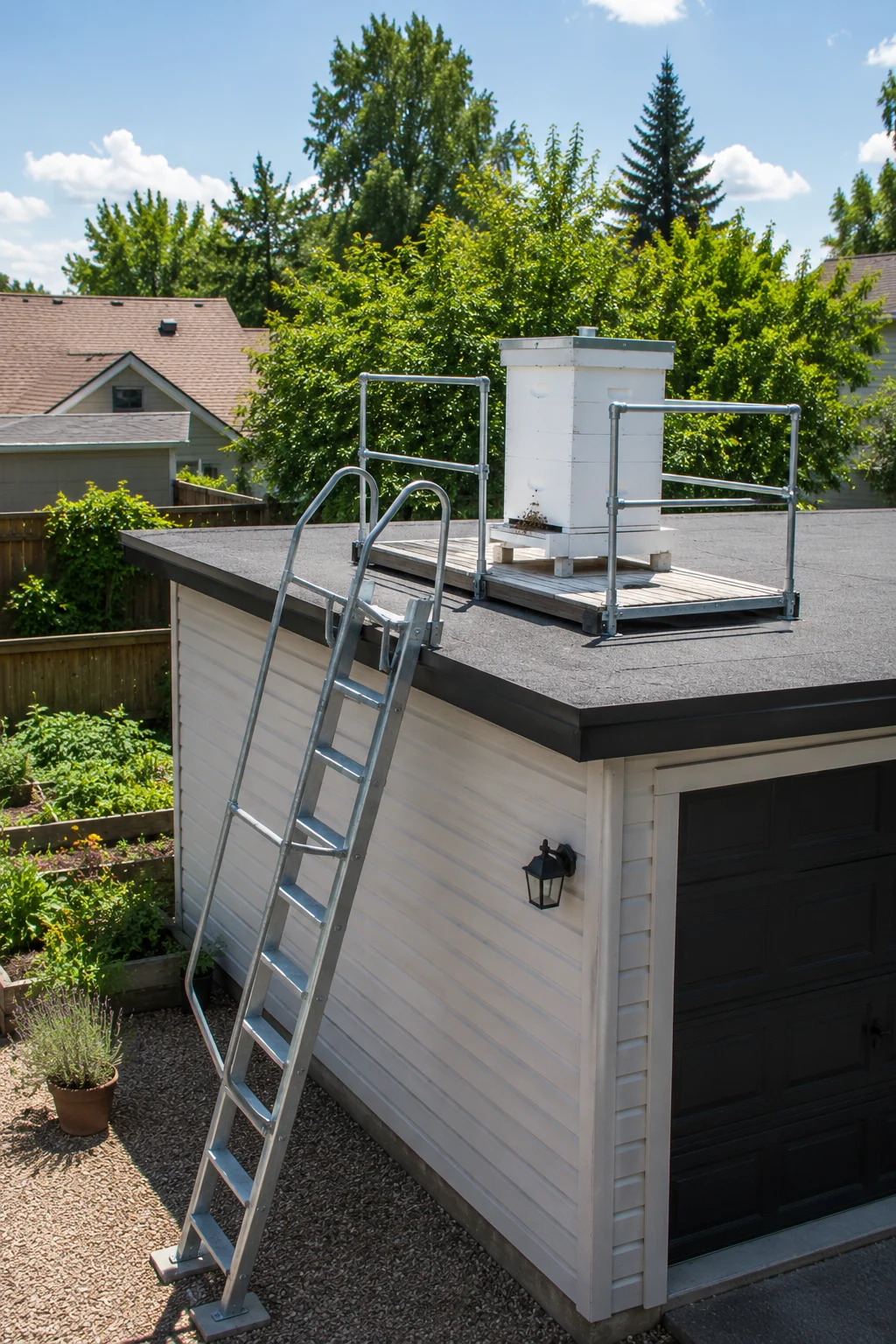 Rooftop beehive with screened access ladder in a small backyard