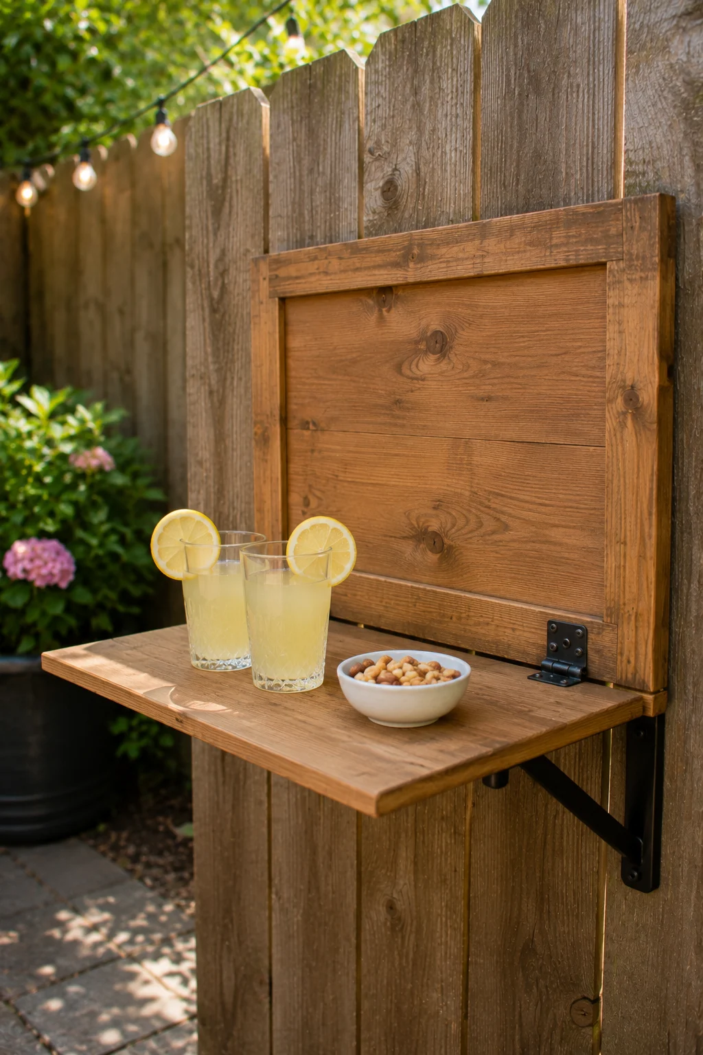 Fold-down bar shelf attached to a backyard fence for entertaining