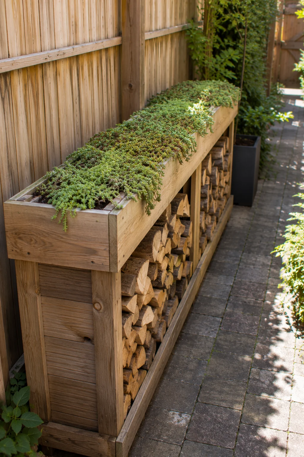 Storage bench with planter top in a narrow garden passage