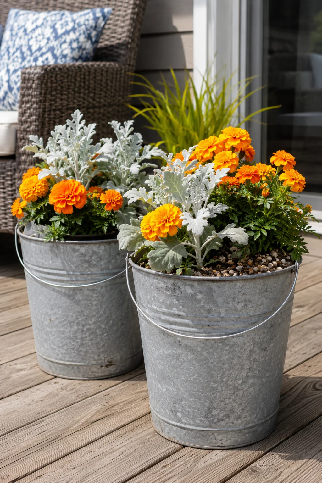 Galvanized metal bucket planters with marigolds on a patio deck