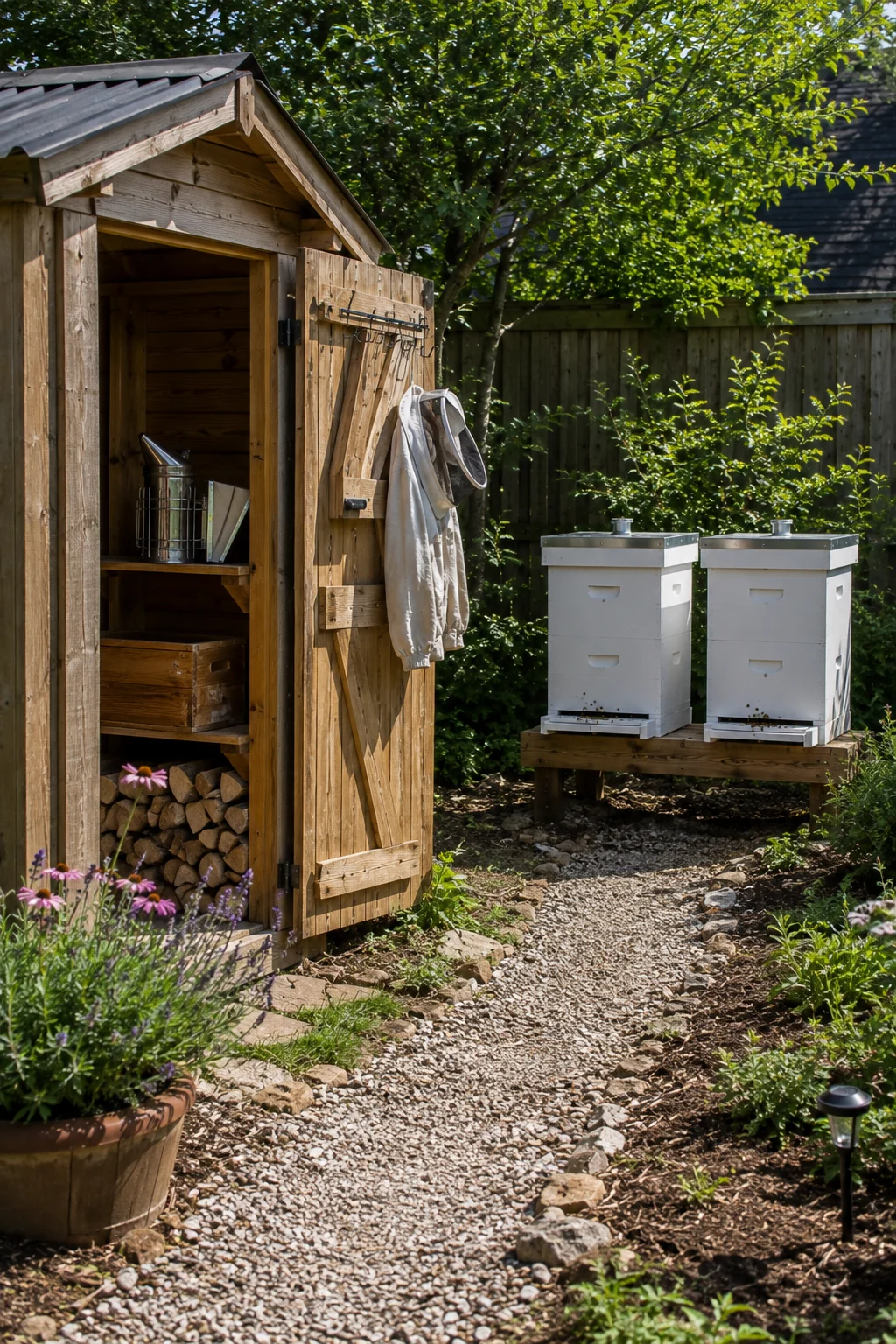 Small storage shed doubling as apiary equipment storage