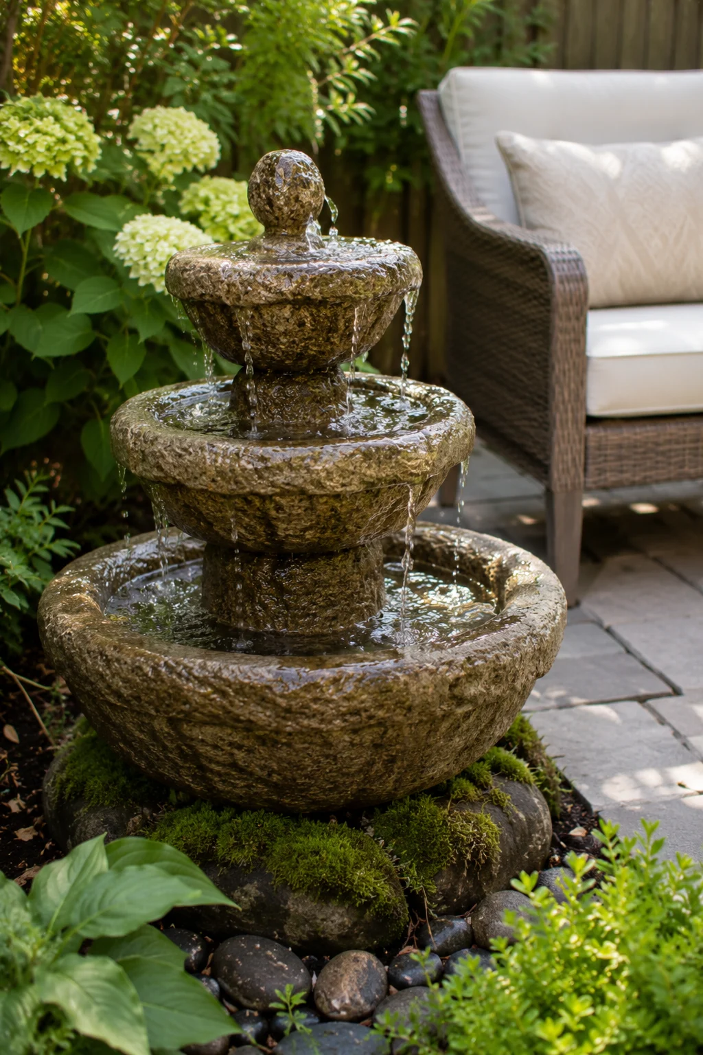 Small trickling fountain adding sound to a backyard retreat