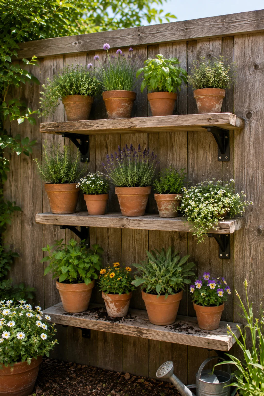 Wood shelves mounted on a fence displaying potted plants