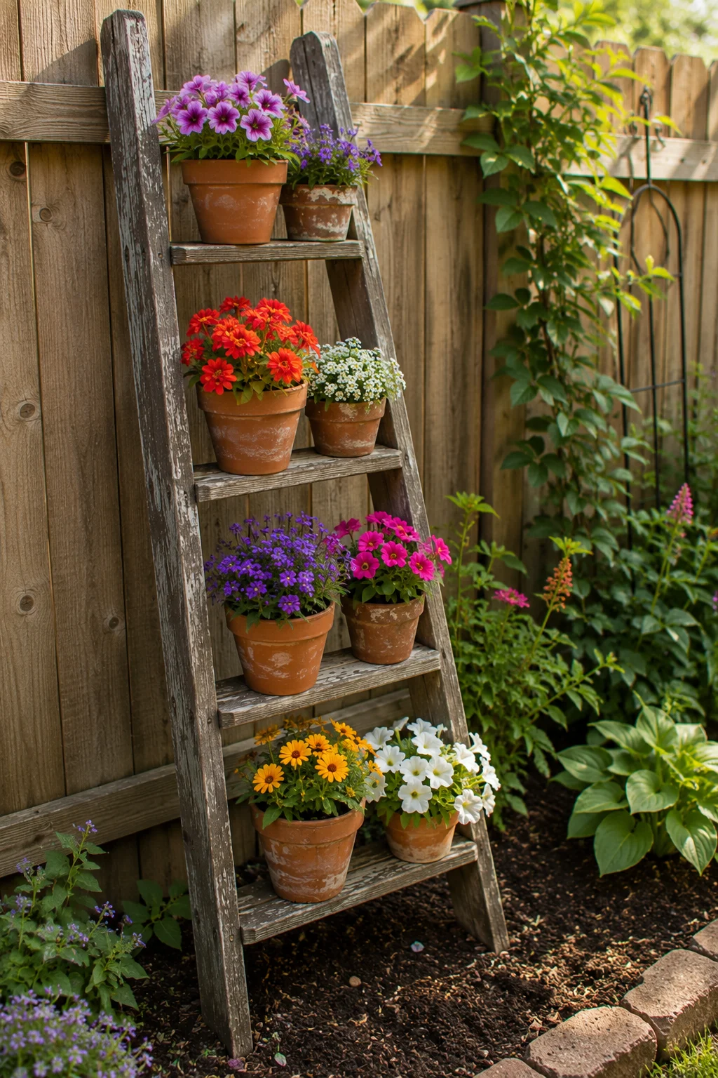 Repurposed wooden ladder used as a plant stand for pollinator containers