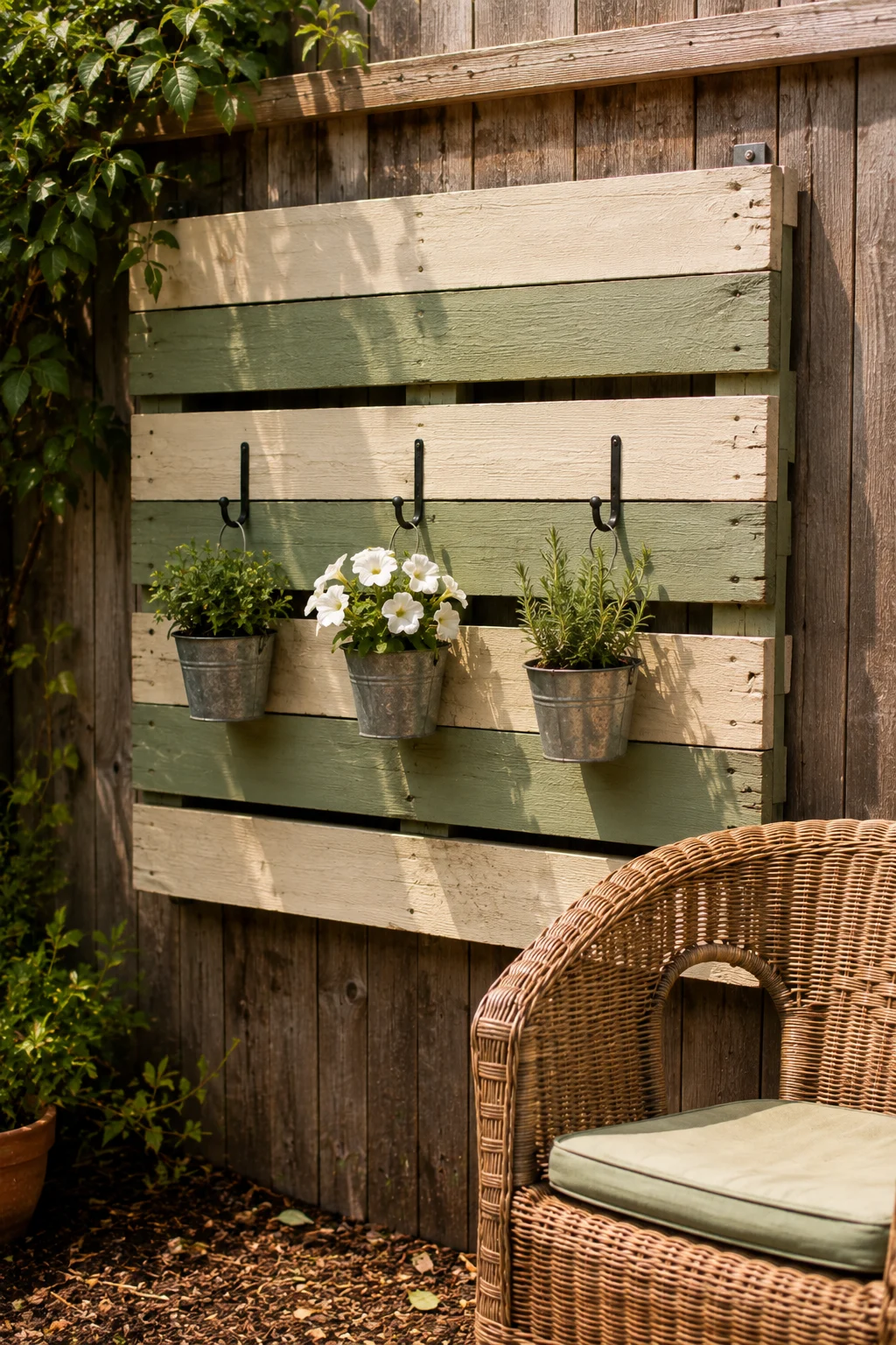 Painted wooden pallet art mounted on a backyard fence