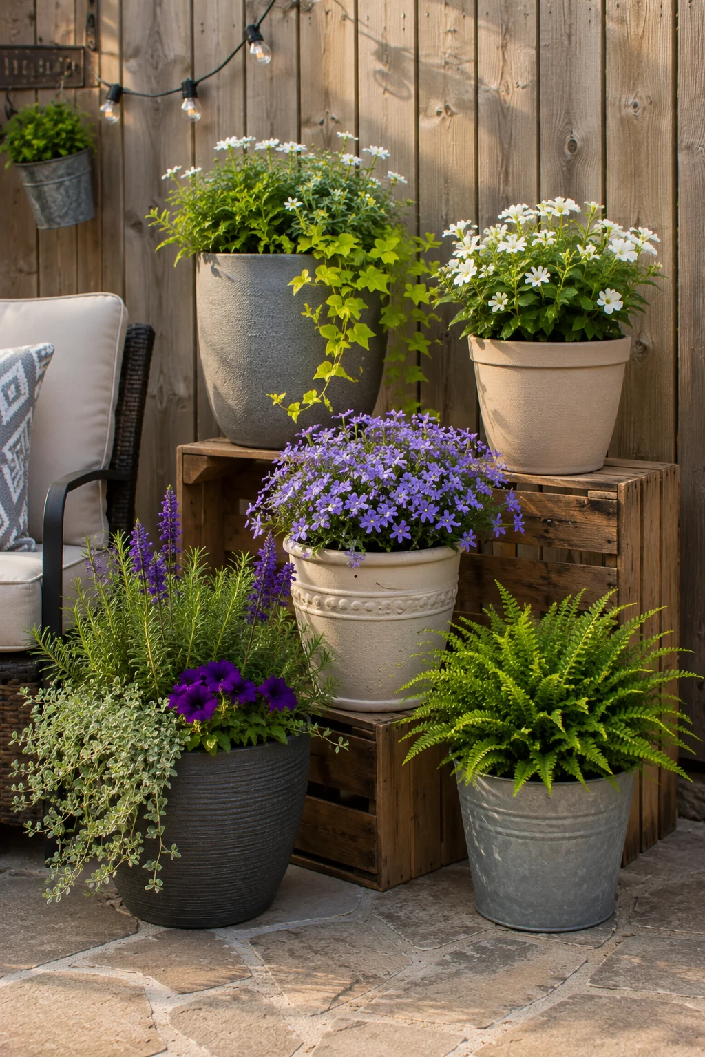 Mixed-height planter vignette arranged against a patio fence