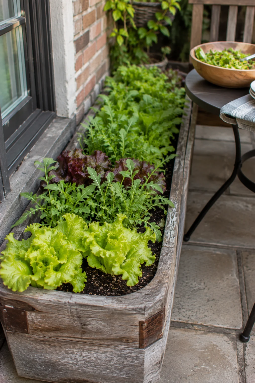 Salad greens trough planter with lettuce and arugula on a patio
