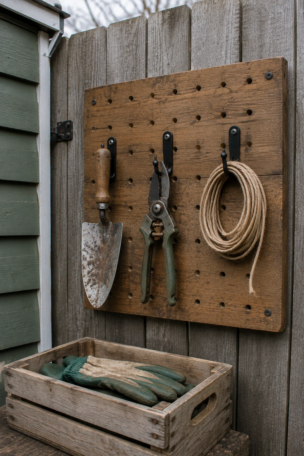 Pegboard tool rack mounted on a fence near a garden shed