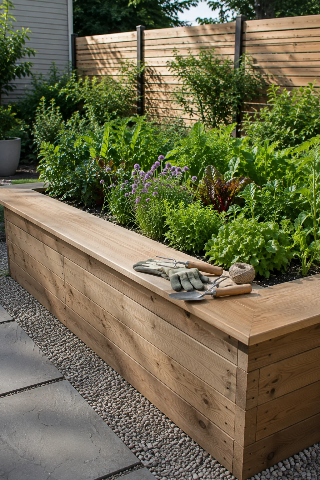 built in bench edge raised bed design idea