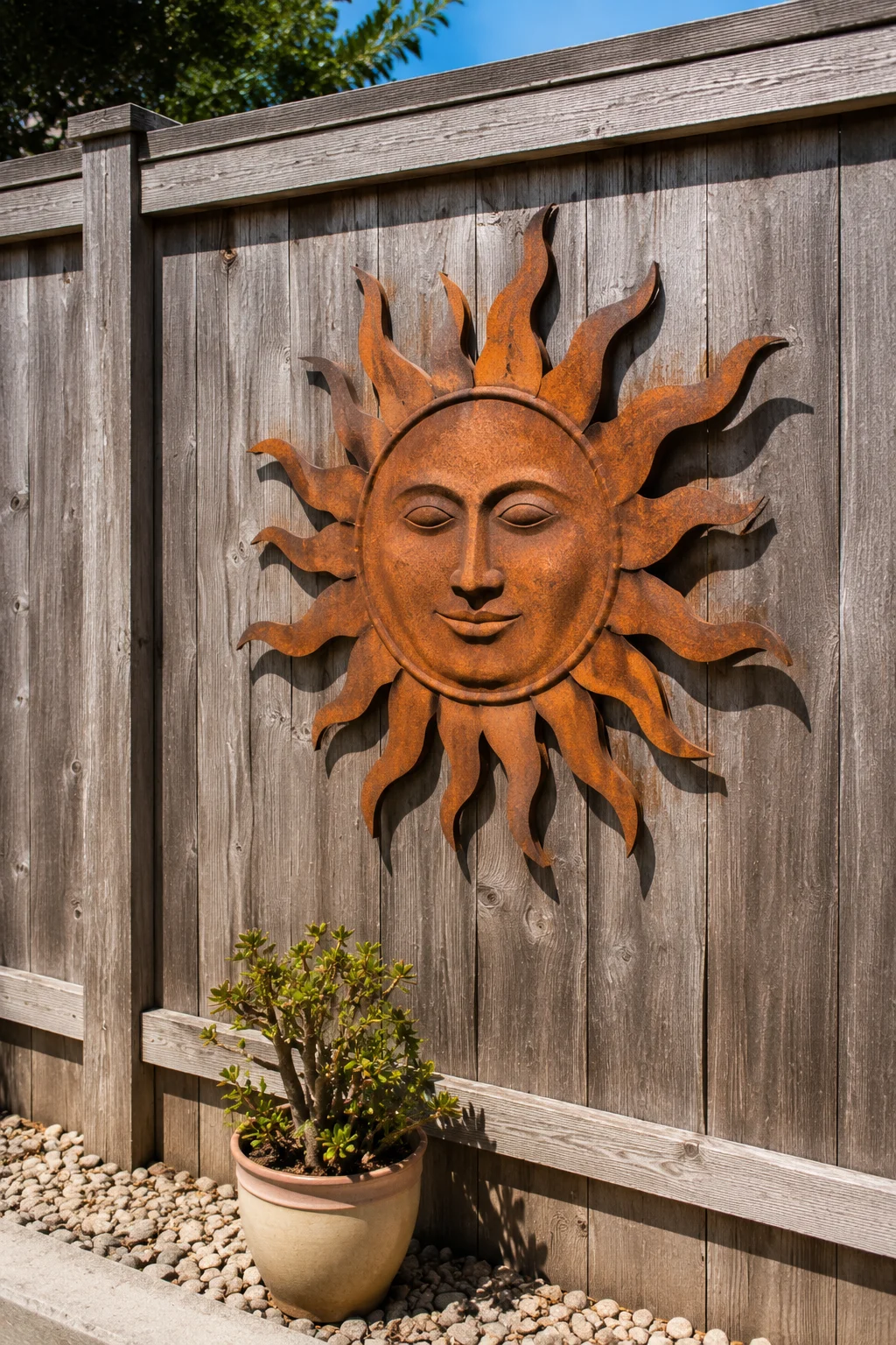 Metal sun sculpture mounted as wall art on a backyard fence