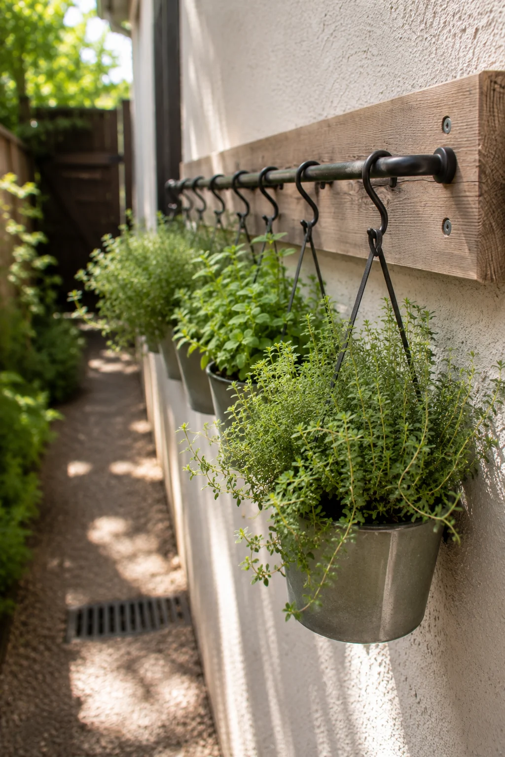 Wall-mounted herb rail in a narrow garden passage