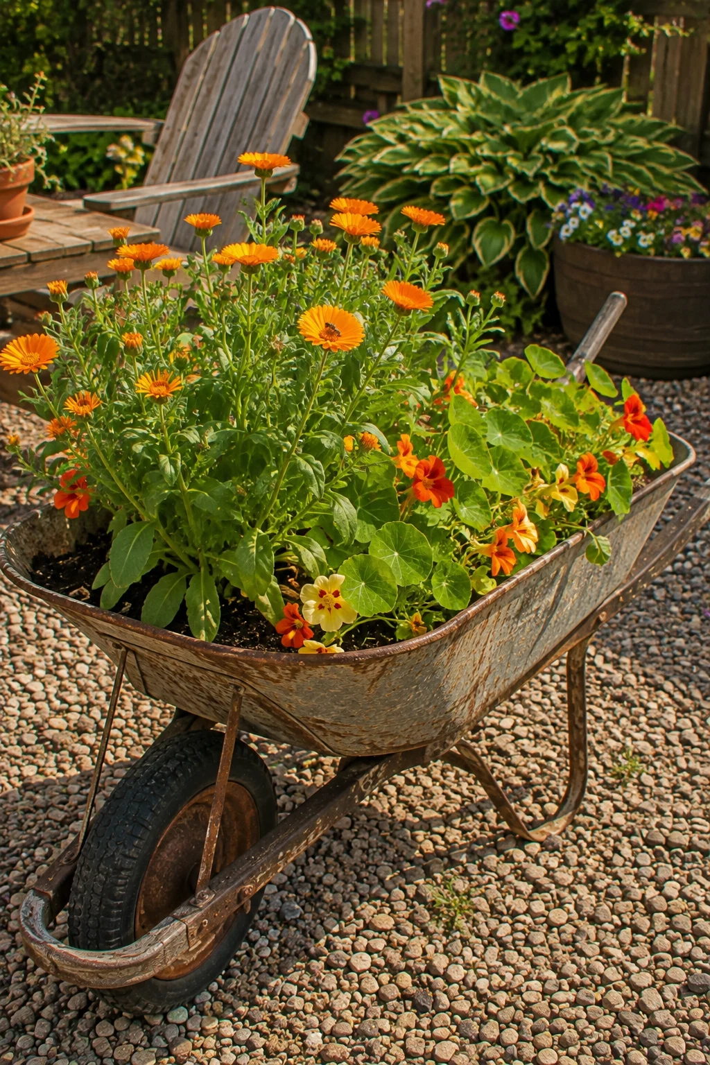Repurposed wheelbarrow planter filled with pollinator-friendly flowers