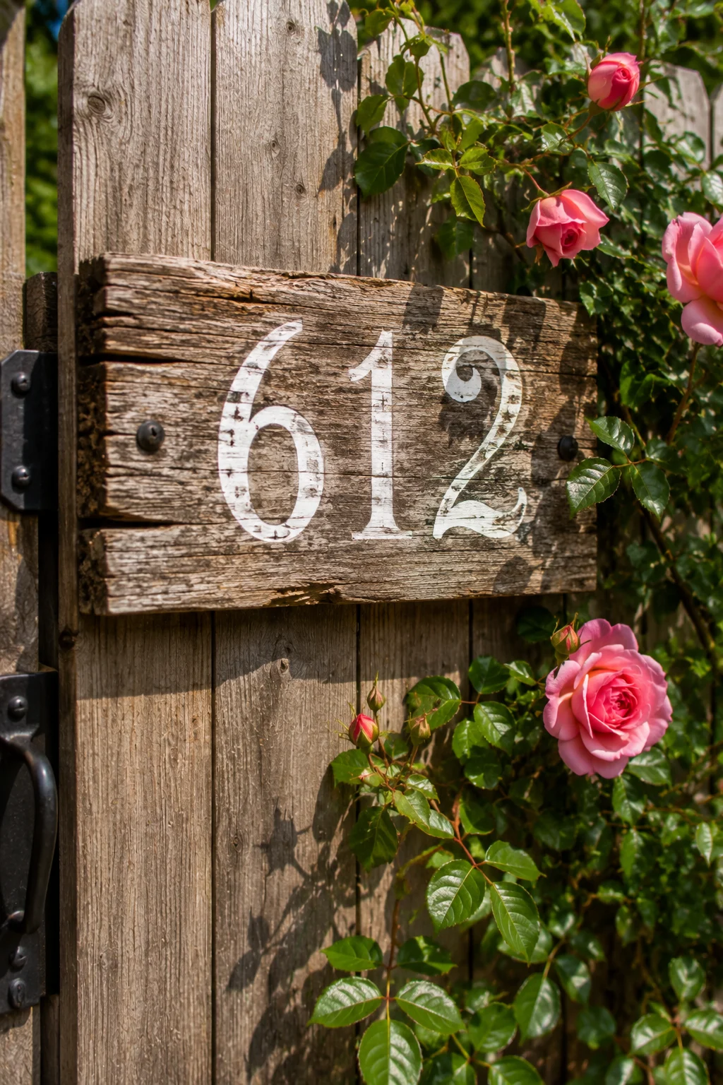 Reclaimed wood house number sign mounted on a backyard fence