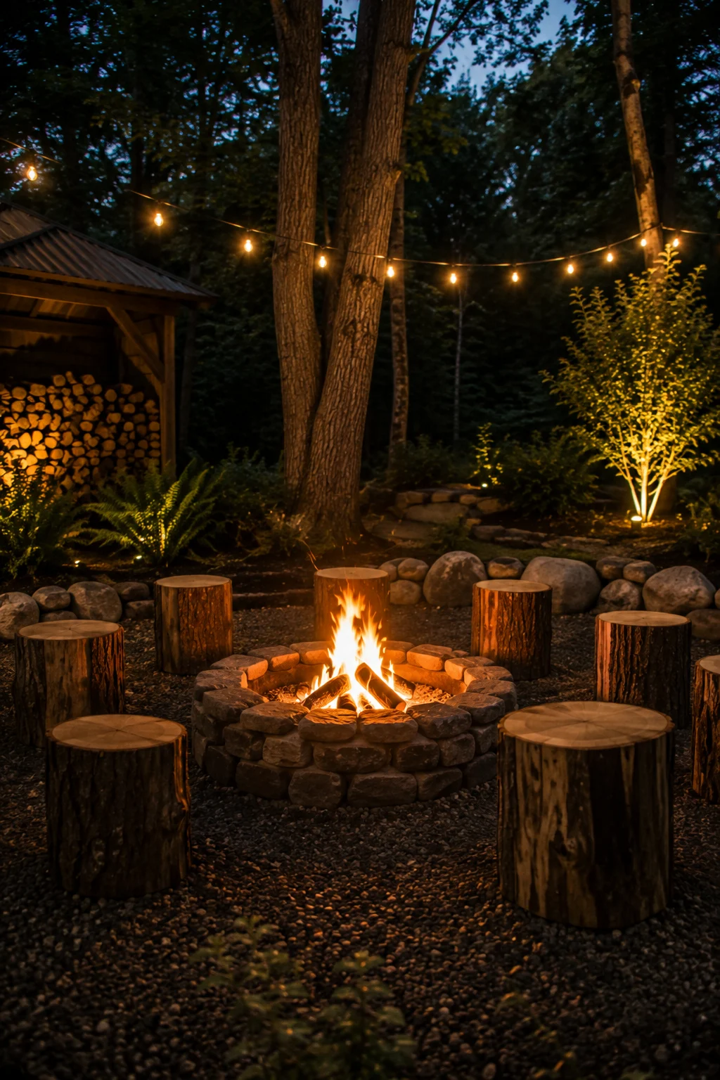 rustic log stool fire pit seating idea