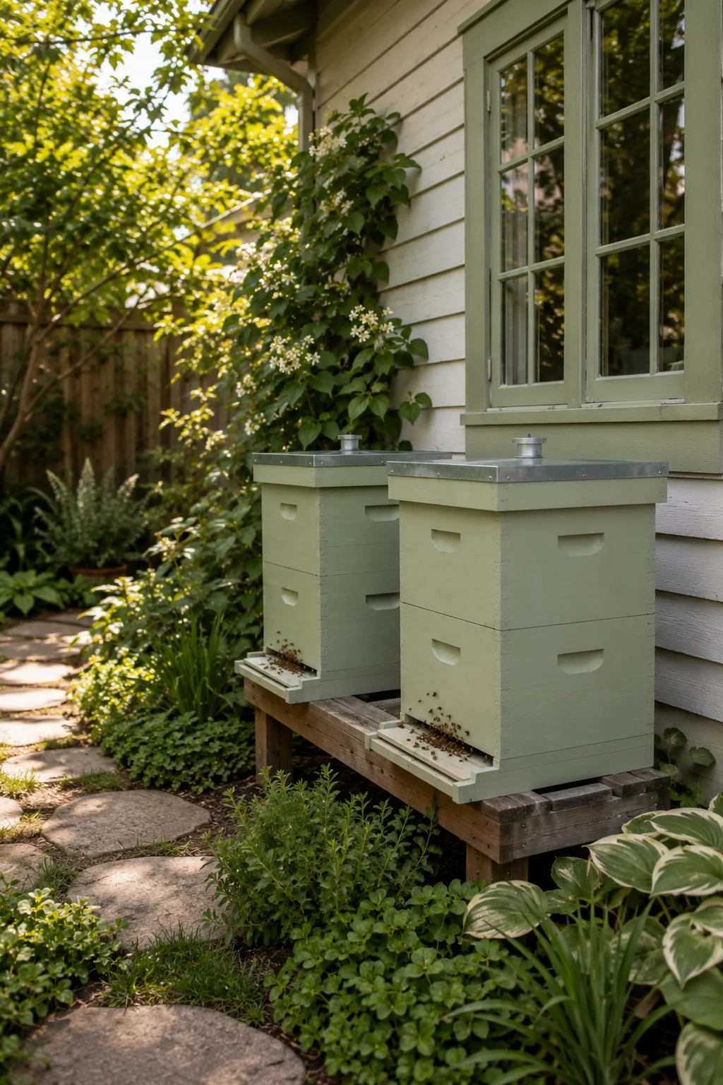 Painted beehive boxes matching house trim color in a backyard