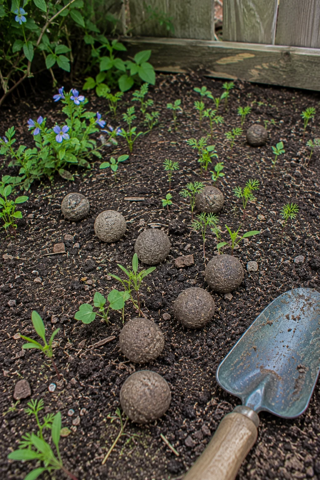 Wildflower seed bombs scattered in a backyard garden corner