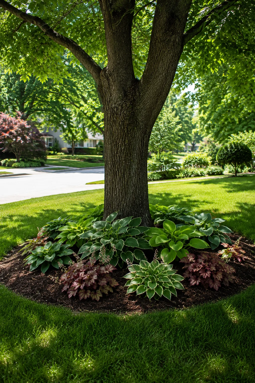 Mulched island bed around a mature tree in a front yard