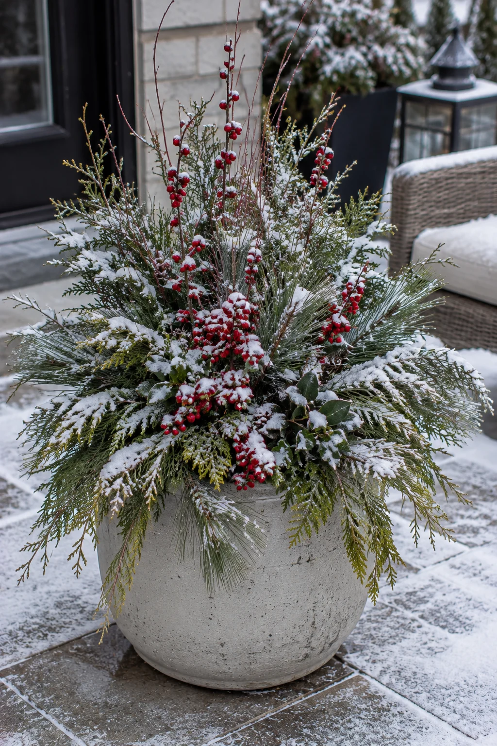 Winter evergreen planter arrangement on a snowy patio