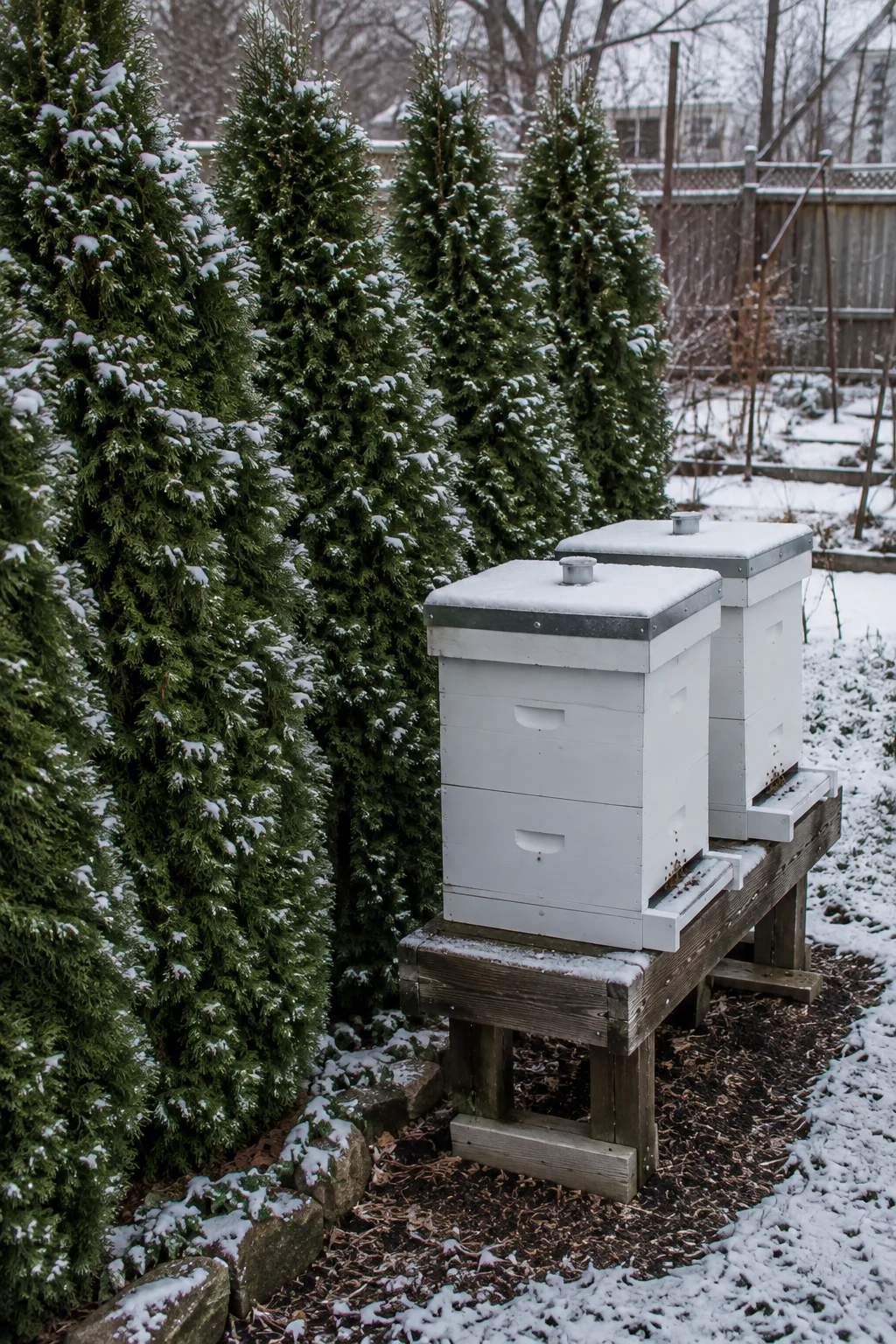 Evergreen windbreak protecting backyard beehives in winter