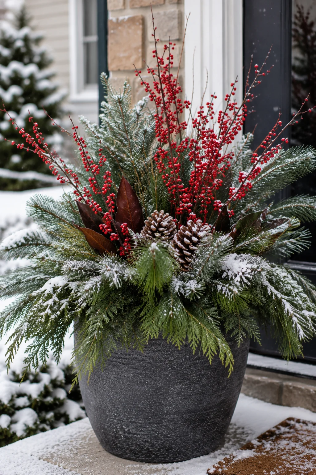 winter evergreen container garden idea