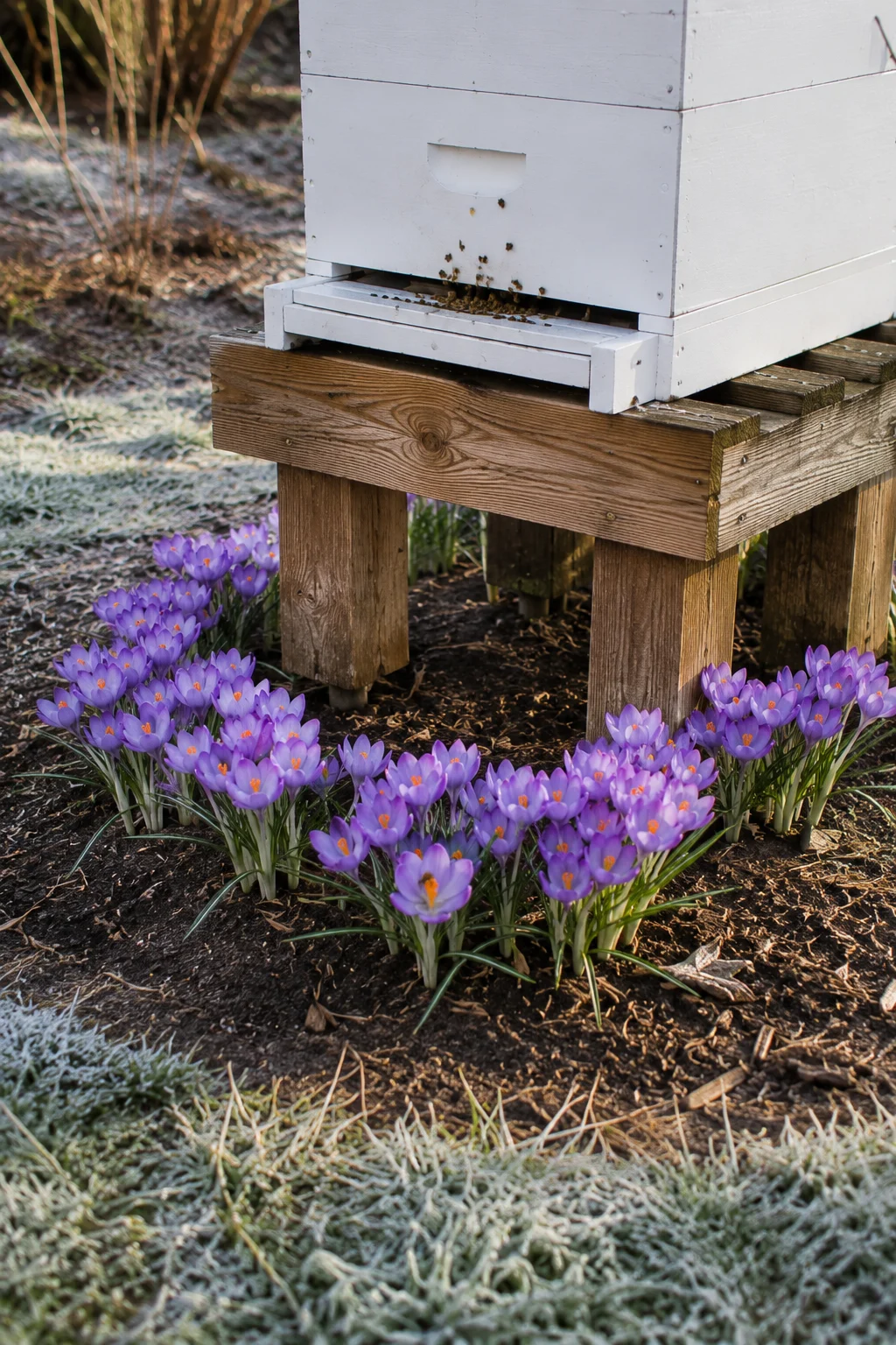 Spring crocus bulbs planted around the base of a backyard beehive