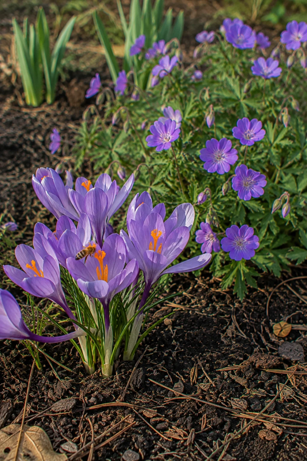 Spring ephemeral patch of crocus and wild geranium for early pollinators