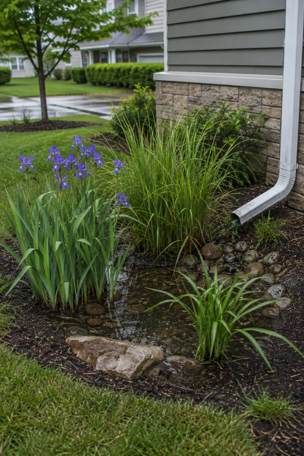 Rain garden planted to manage downspout runoff in a front yard