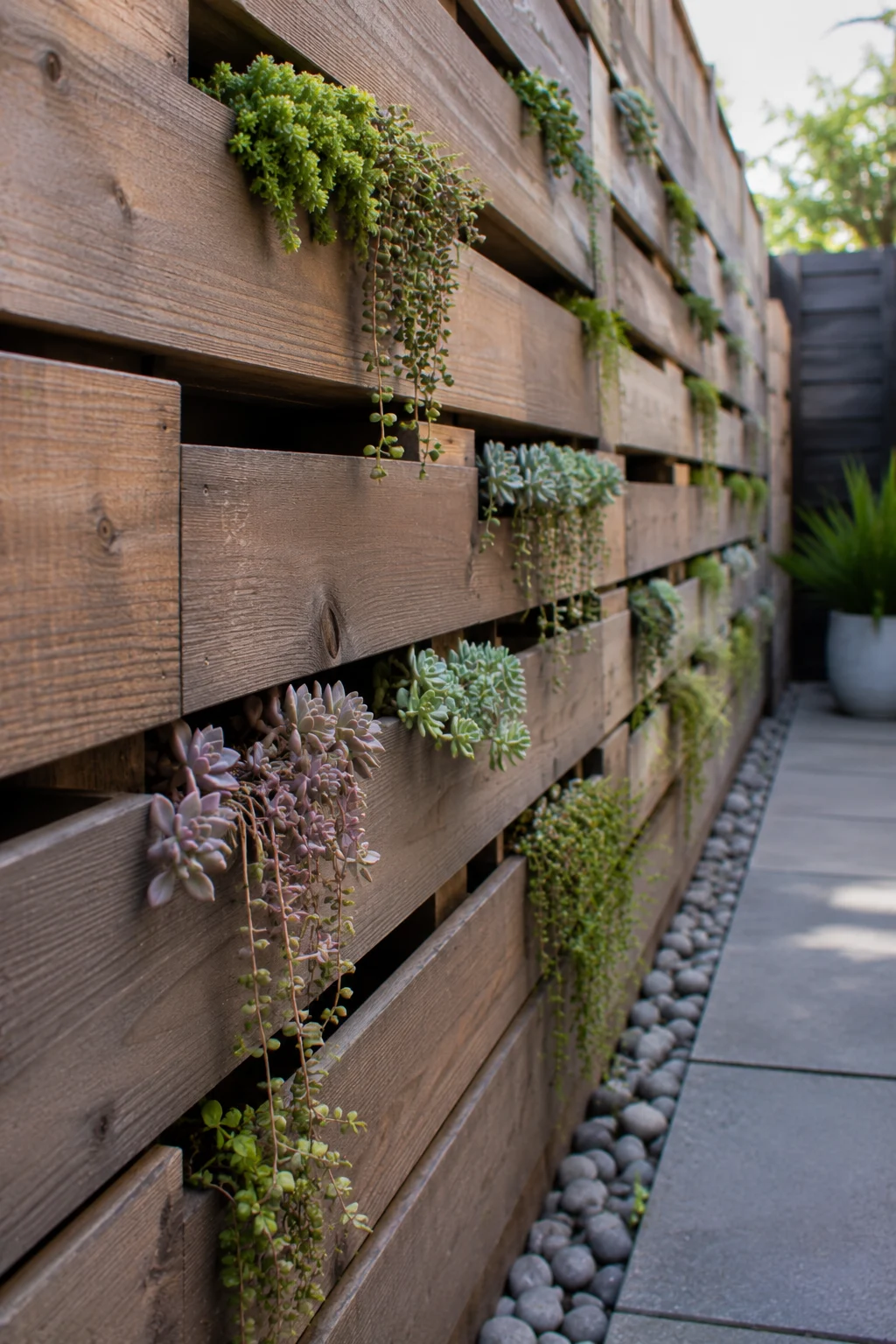 Planting pockets built into a slatted fence in a narrow passage