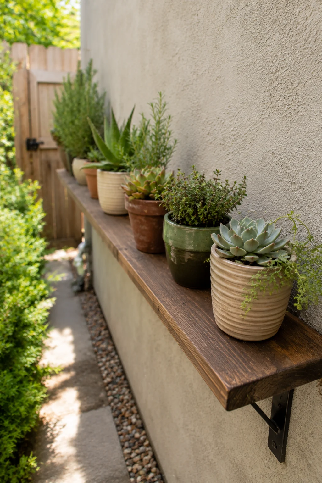 Cantilevered shelf garden mounted along a narrow side yard wall