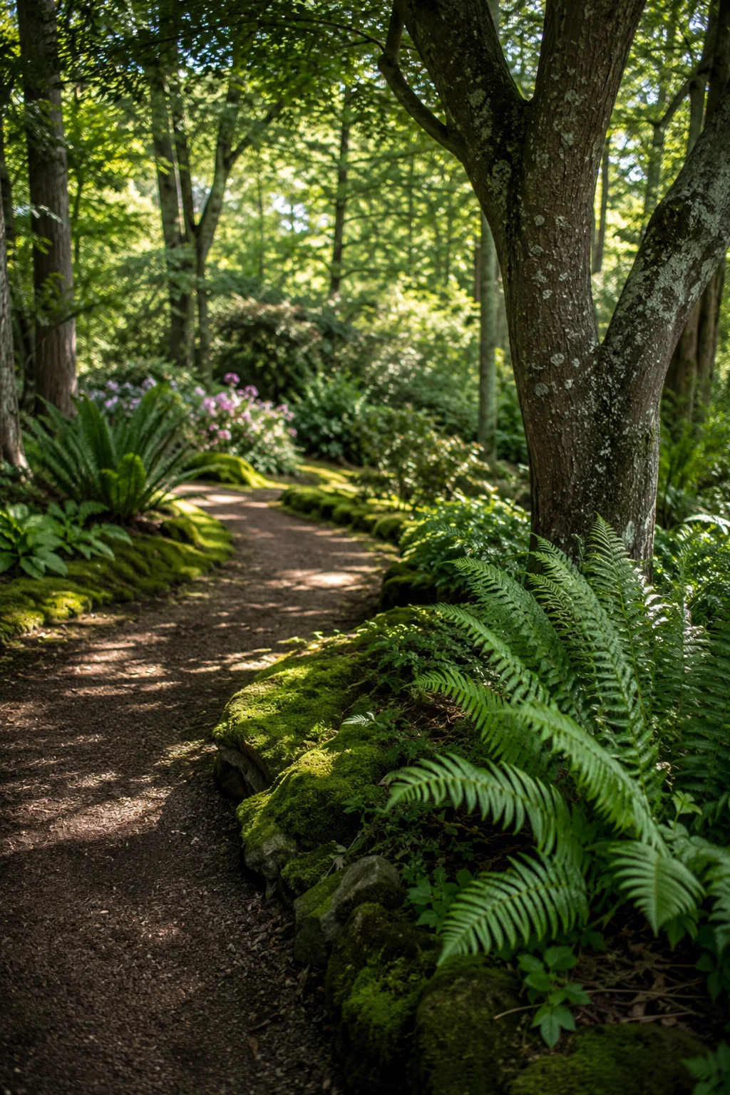 woodland garden path with ferns and dappled light
