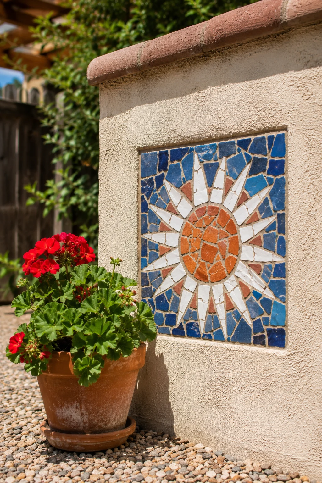 Mosaic tile accent panel on a stucco garden fence wall