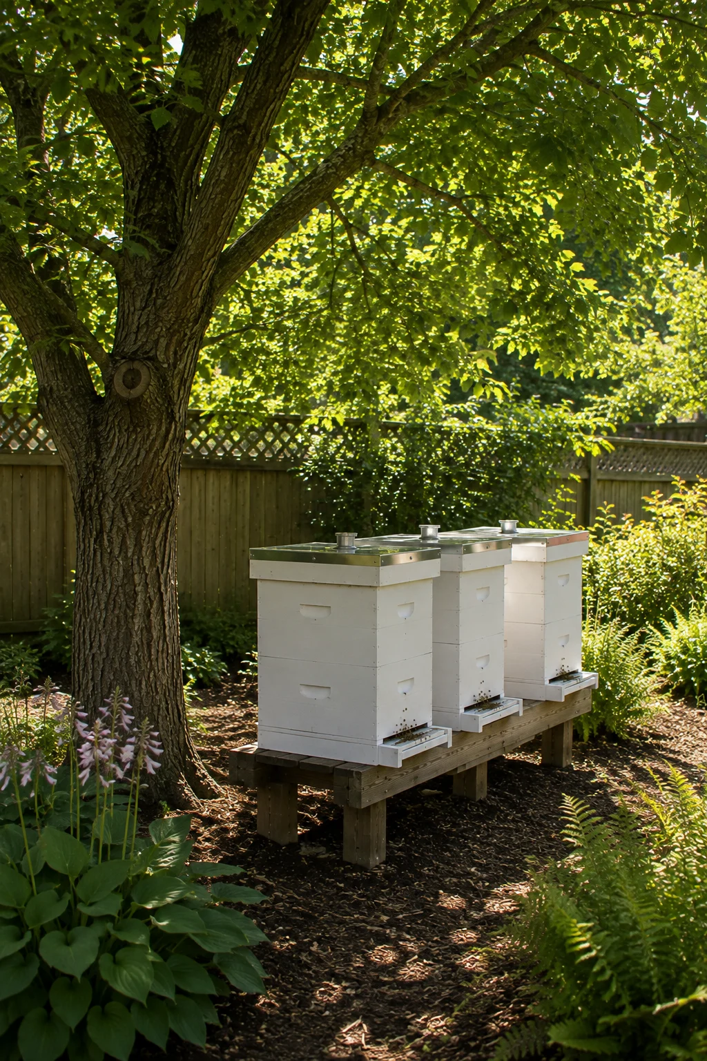 Shade tree positioned to cool backyard beehives in summer