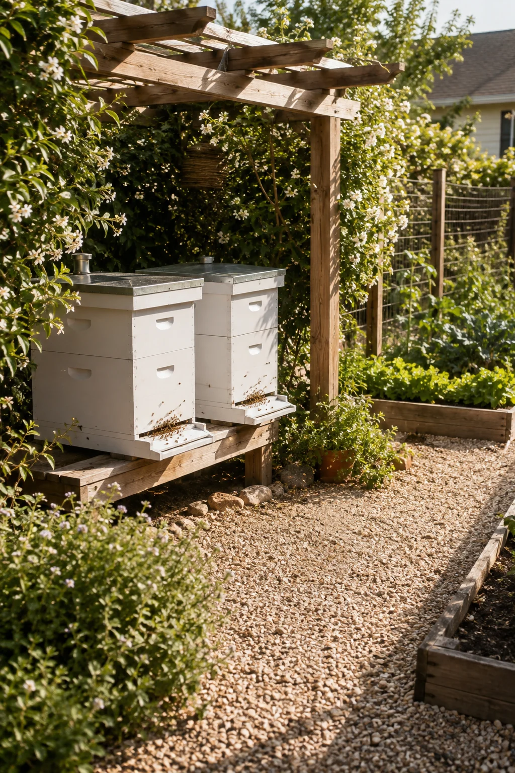Backyard Beekeeping beehives tucked behind a flowering hedge in a home apiary