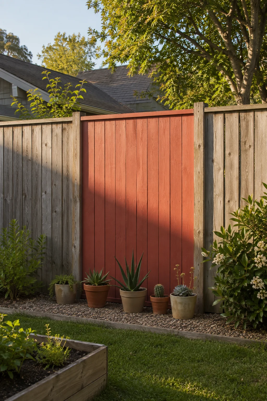 Fence panel painted terracotta as a bold accent color in a backyard garden