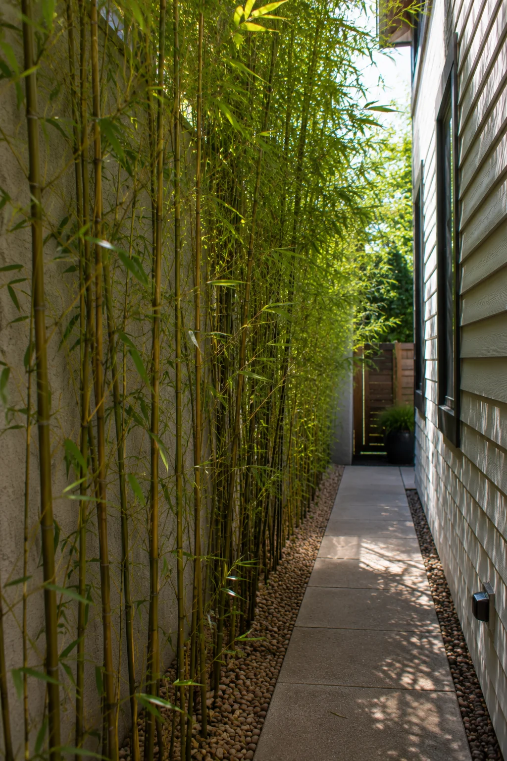 Clumping bamboo screening a narrow passage between houses