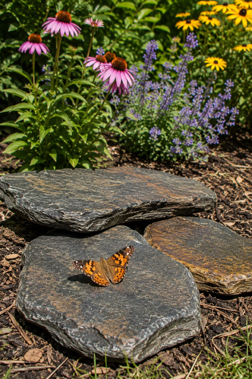 Rock pile basking spot for butterflies in a pollinator garden