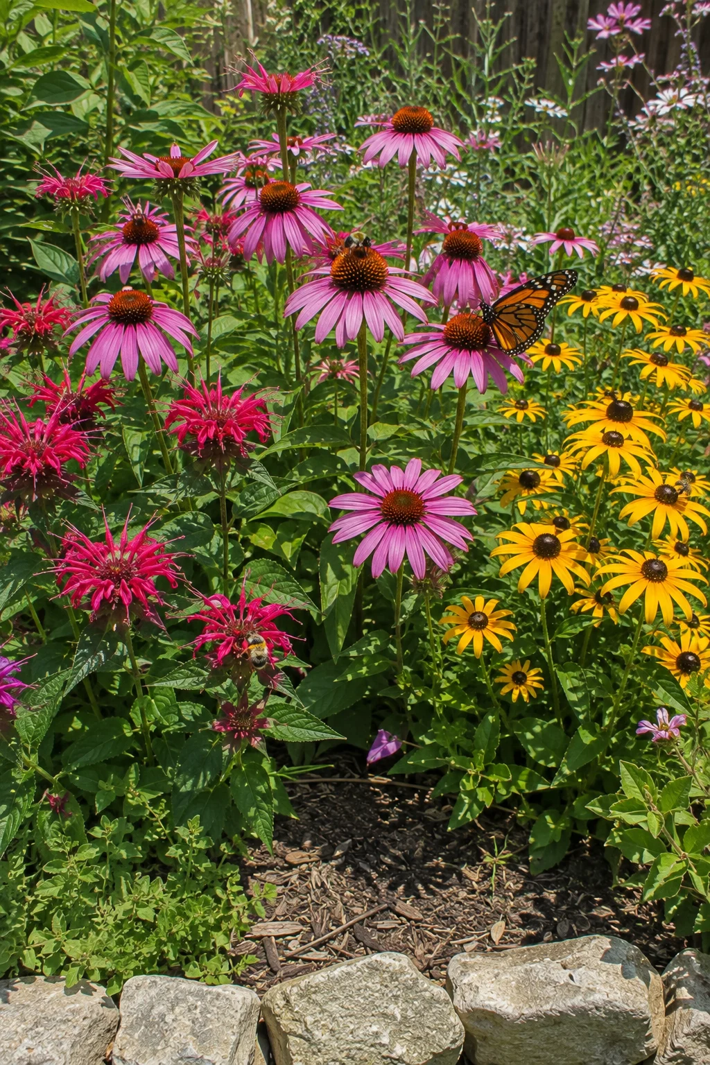Summer peak bloom zone planted with coneflower and bee balm