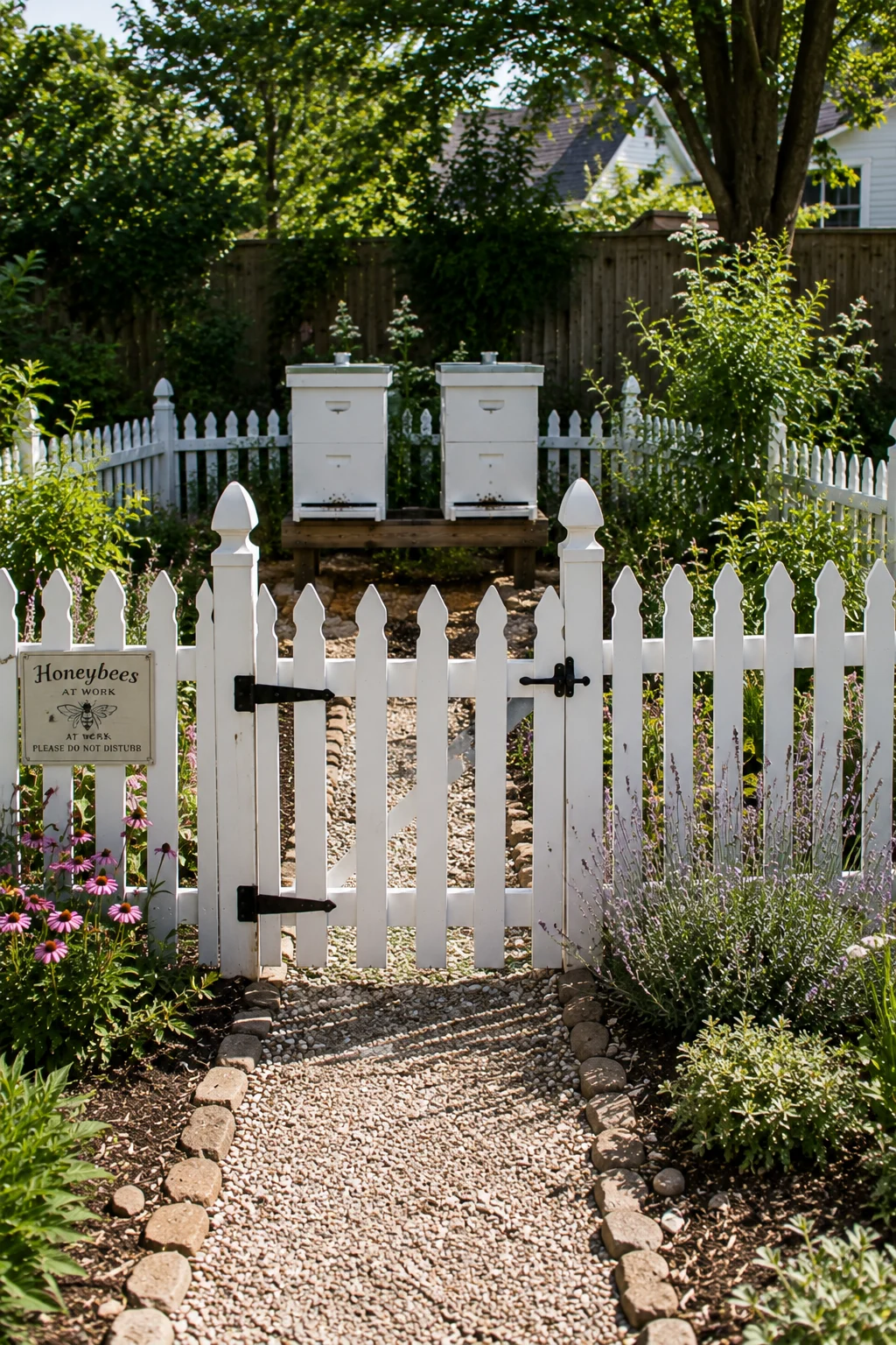 Decorative picket fence enclosing a backyard beehive area
