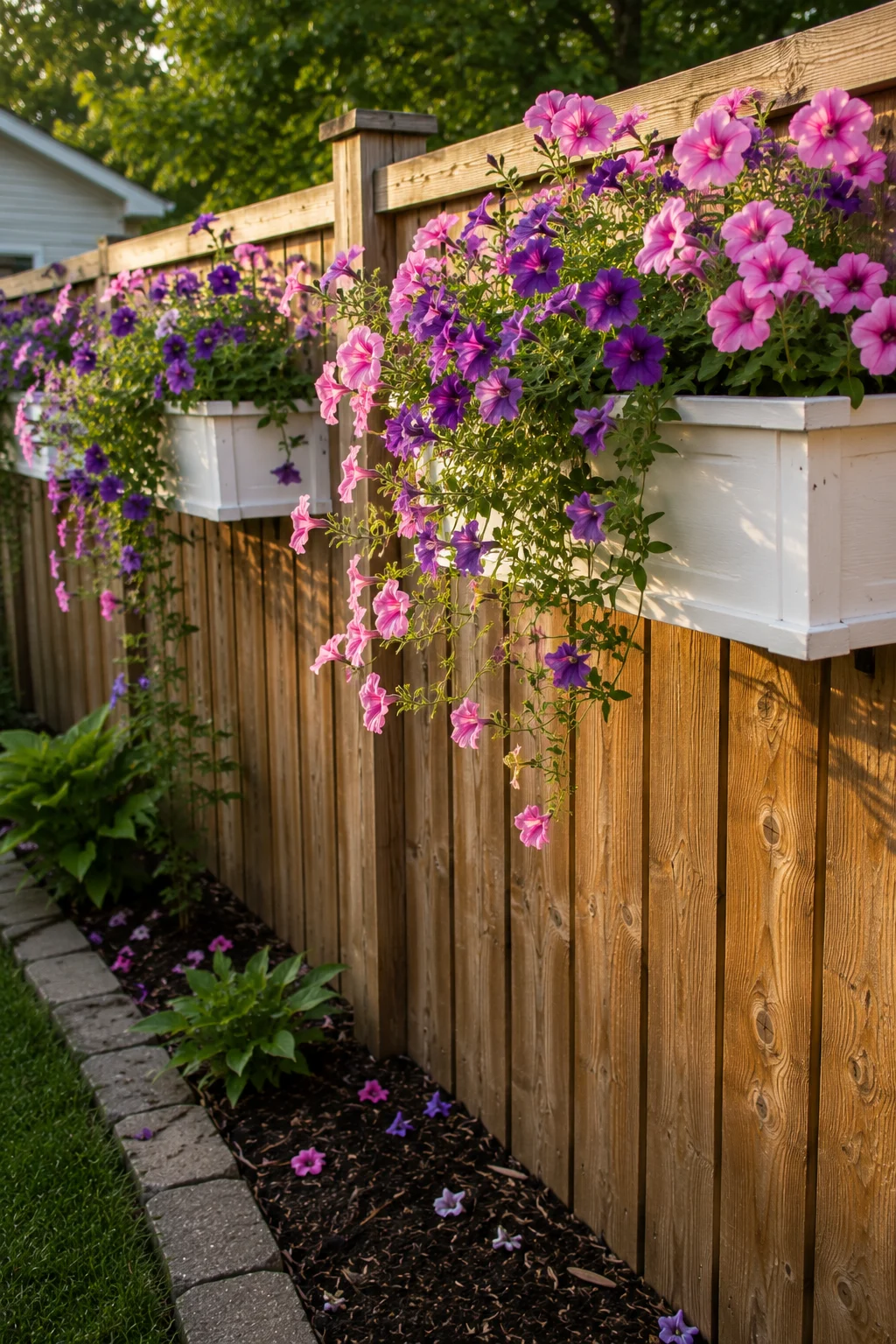 Hanging planter boxes with trailing petunias along a fence rail