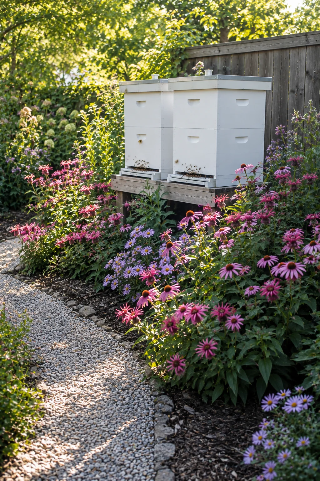 Forage flower border planted around backyard beehives