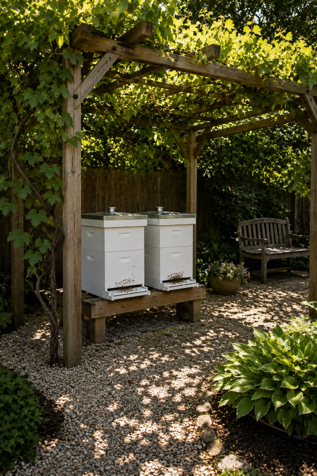 Beehives shaded beneath a pergola in a backyard apiary corner