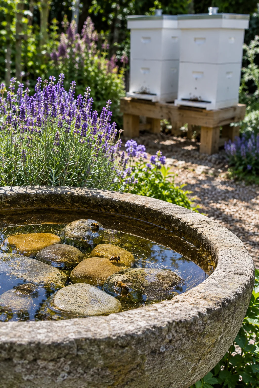 Bee water station styled as a garden feature near beehives